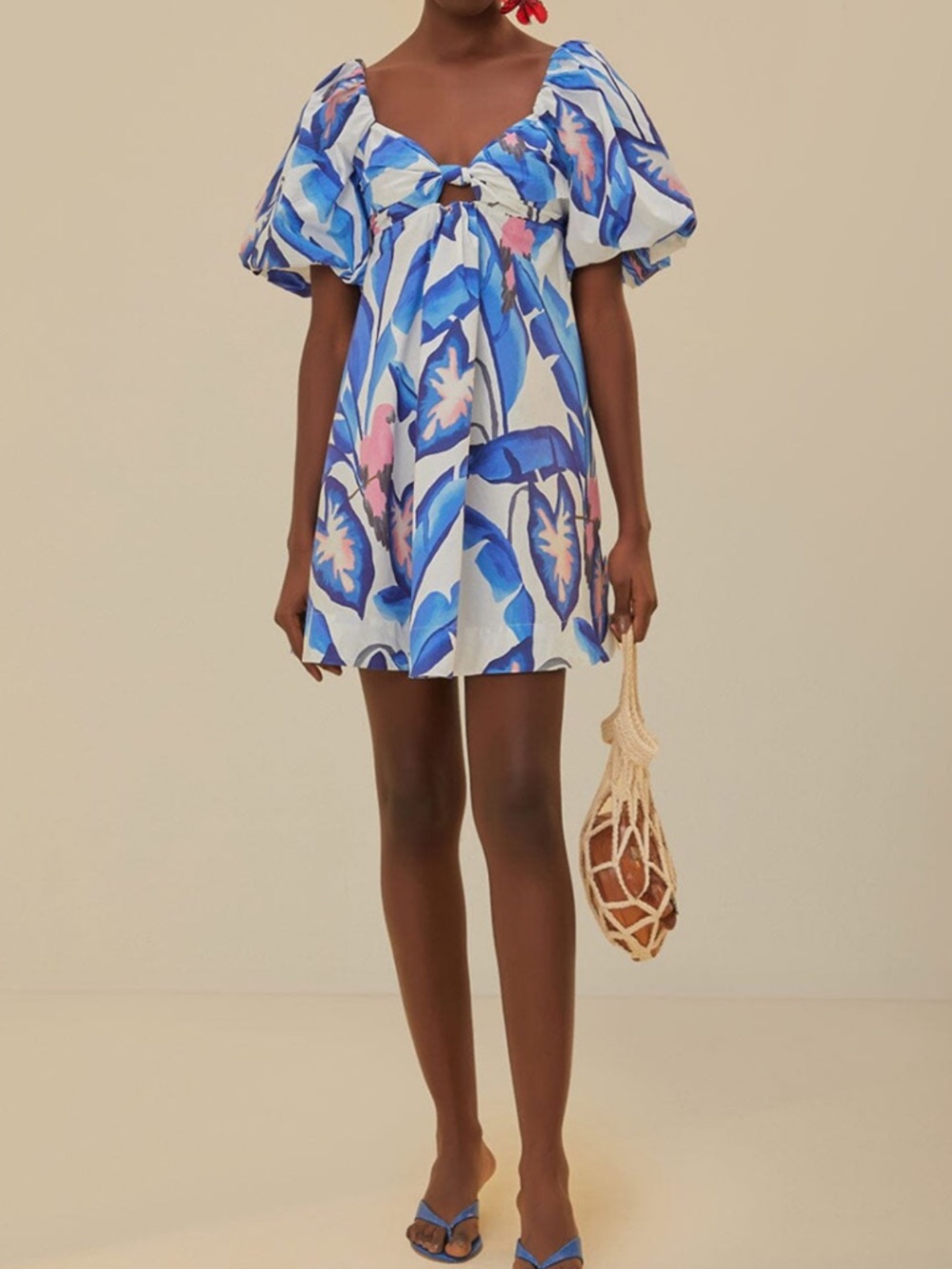 Blue & White Floral Puff-Sleeve Mini Dress